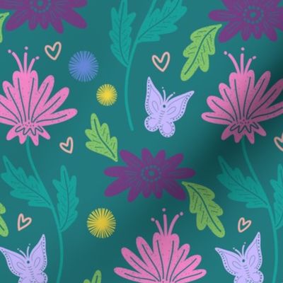 Pink Purple Teal Whimsical Floral with Butterflies