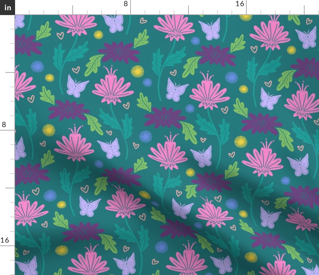 Pink Purple Teal Whimsical Floral with Butterflies
