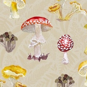 Wild Mushrooms Watercolor Red and Yellow