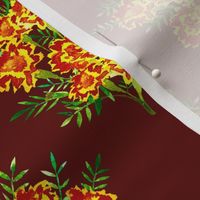 Marigold Bouquet Watercolor on Oxblood Red