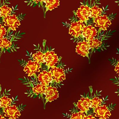 Marigold Bouquet Watercolor on Oxblood Red
