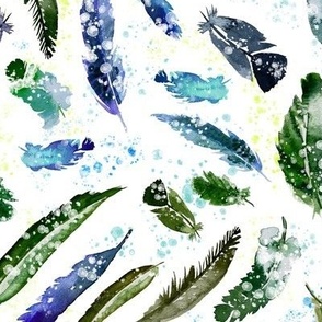 Blue and Green Jewel Tone Boho Watercolor Feathers on White