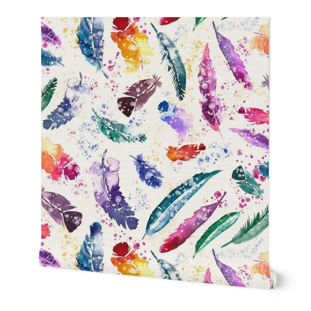 Colorful Boho Watercolor Feathers with Splatters on White