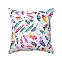 Colorful Boho Watercolor Feathers with Splatters on White