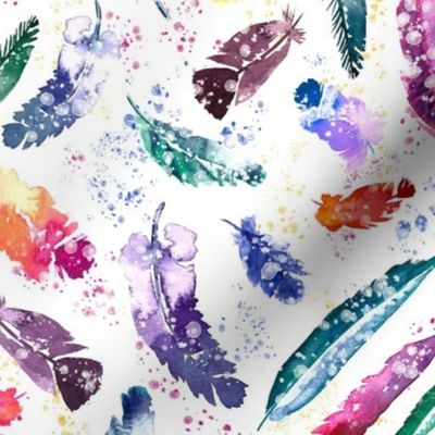 Colorful Boho Watercolor Feathers with Splatters on White