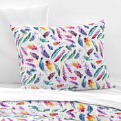 Colorful Boho Watercolor Feathers with Splatters on White