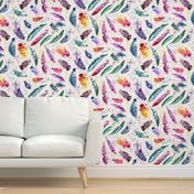 Colorful Boho Watercolor Feathers with Splatters on White