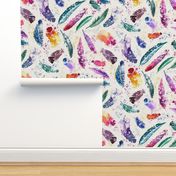 Colorful Boho Watercolor Feathers with Splatters on White