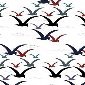 Gulls in red and blue on white
