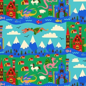 Fantasy Dragons + Castles - Bright Landscape Rectangle Checkerboard