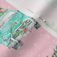 Vintage Christmas Trucks 12x12 {Turquoise / Teal on Pink} Watercolor Retro Christmas Tree Truck Woodland Forest Large Scale