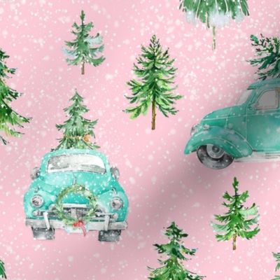Vintage Christmas Trucks 12x12 {Turquoise / Teal on Pink} Watercolor Retro Christmas Tree Truck Woodland Forest Large Scale