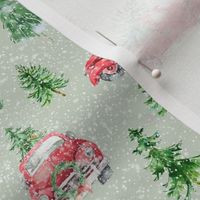 Vintage Christmas Trucks 6x6 {Sage Green} Snowy Woodland Forest Retro Red Christmas Tree Truck