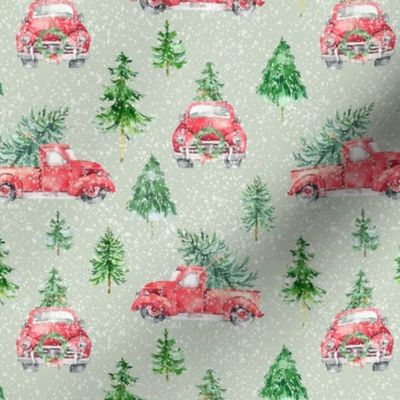 Vintage Christmas Trucks 6x6 {Sage Green} Snowy Woodland Forest Retro Red Christmas Tree Truck