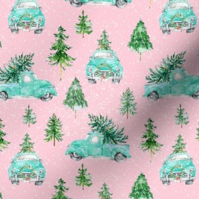 Vintage Christmas Trucks 6x6 {Turquoise / Teal on Pink} Watercolor Retro Christmas Tree Truck Woodland Forest