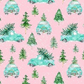 Vintage Christmas Trucks 6x6 {Turquoise / Teal on Pink} Watercolor Retro Christmas Tree Truck Woodland Forest