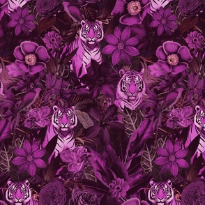 Fancy Jungle Opulence With Tigers Monochrome Fuchsia Pink Medium Scale