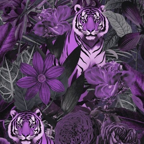 Fancy Jungle Opulence With Tigers Purple And Grey Large Scale