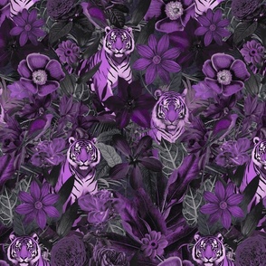 Fancy Jungle Opulence With Tigers Purple And Grey Medium Scale