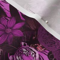Fancy Jungle Opulence With Tigers Monochrome Fuchsia Pink  Smaller Scale