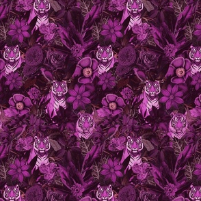 Fancy Jungle Opulence With Tigers Monochrome Fuchsia Pink  Smaller Scale