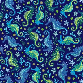 Tossed Seahorses in shades of Blue