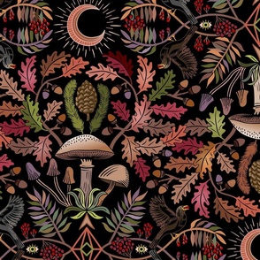 Autumn Botanical Kaleidoscope - chartreuse & orange on black - Oaks and acorns, mushrooms, rowan, blackbirds and berries - jumbo