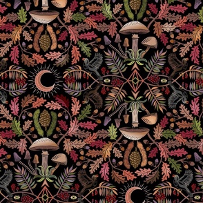 Autumn Botanical Kaleidoscope - chartreuse & orange on black - Oaks and acorns, mushrooms, rowan, blackbirds and berries - large