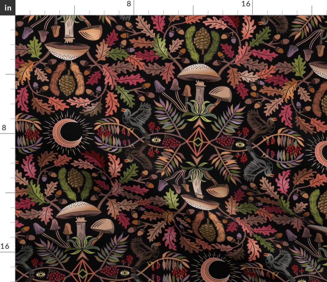 Autumn Botanical Kaleidoscope - chartreuse & orange on black - Oaks and acorns, mushrooms, rowan, blackbirds and berries - large