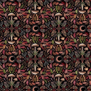 Autumn Botanical Kaleidoscope - chartreuse & orange on black - Oaks and acorns, mushrooms, rowan, blackbirds and berries - medium