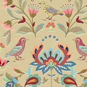  vintage inspired floral multicolor with birds on tan