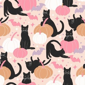Hand-Drawn Modern Halloween Print with Black Cats, Bats and Pumpkins on a Soft Pink Ground