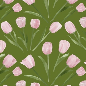 pink tulip flowers pattern and green background