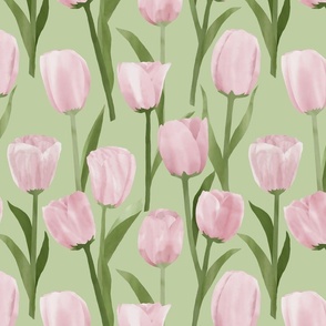 pink tulip flowers pattern and light green background