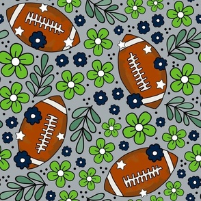 Large Scale Team Spirit Football Floral in Seattle Seahawks Colors Navy Blue Green Silver Grey