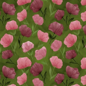 light and dark pink flower pattern on green background