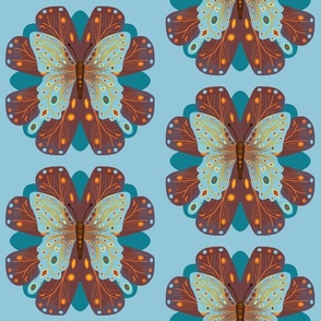 Pale blue Butterfly on brown and teal petals on a baby blue background.