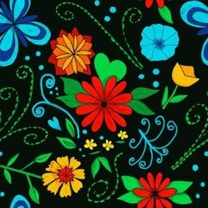 Folky Floral on Black, Colorful bohemian design