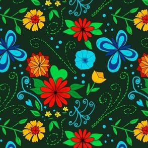 Colorful folky floral on Dark Green