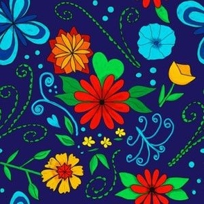 Colorful Folky floral on dark blue