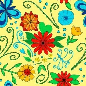Colorful Folk Art Inspired Floral on a Yellow background