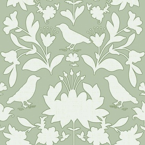 silhouette floral with birds sage and cream 