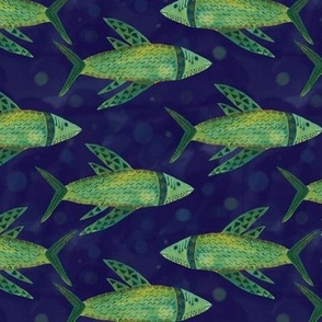 Folk art Inspired Fish - Greens and Blues on a Dark Navy Blue Background
