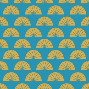 Mustard palm fans on teal blue