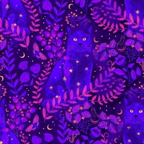 [L] Celestial Cat in Lunar Witch’s Garden - Whimsigothic Halloween - Neon Purple, Magenta & Fuchsia on Indigo