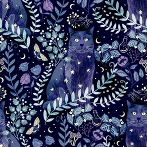 [L] Celestial Cat in Lunar Witch’s Garden - Whimsigothic Halloween - Green, Blue, Purple on Black