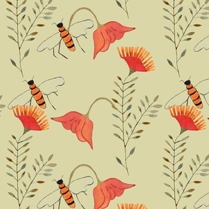 Wildflowers and Wasp , Cream and coral floral design, nature themed
