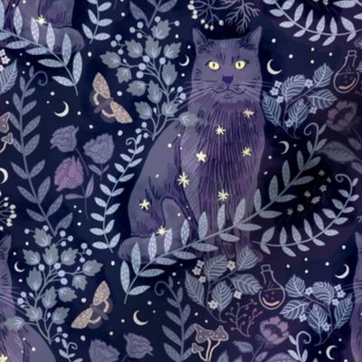 [medium] Celestial Cat in Lunar Witch’s Garden - Whimsigothic Halloween - Midnight Indigo Blue Black
