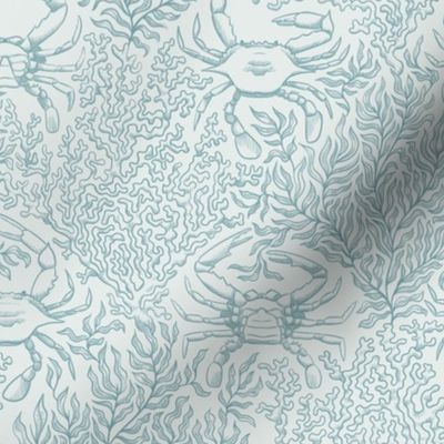 Crab Dance in the Seaweed, Line Art, Soft Teal on Cool White, Medium