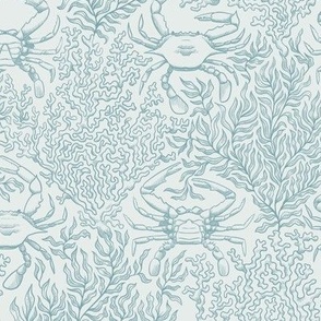 Crab Dance in the Seaweed, Line Art, Soft Teal on Cool White, Medium